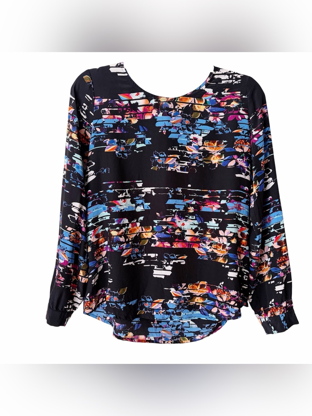 Yumi Kim | 100% Silk Zama Abstract Floral Long Sleeve Blouse Top Black Small